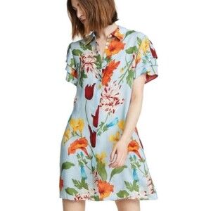Alice + Olivia Jem Floral Shirt Dress Greenwich Garden Blue Short Sleeve Large